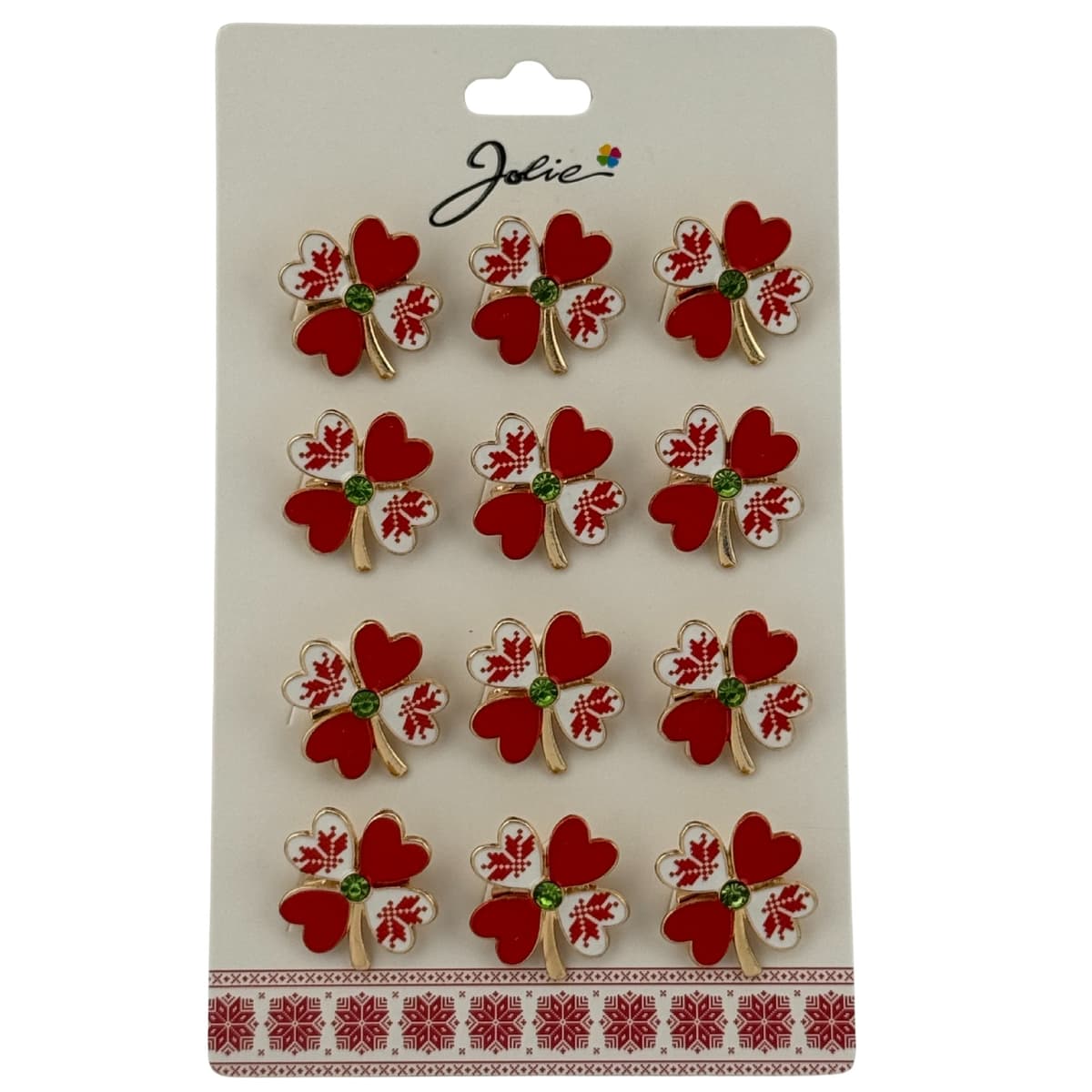 Set 12 Brose Martisor Primavara, Jolie, Model Trifoi Traditional cu Rosu