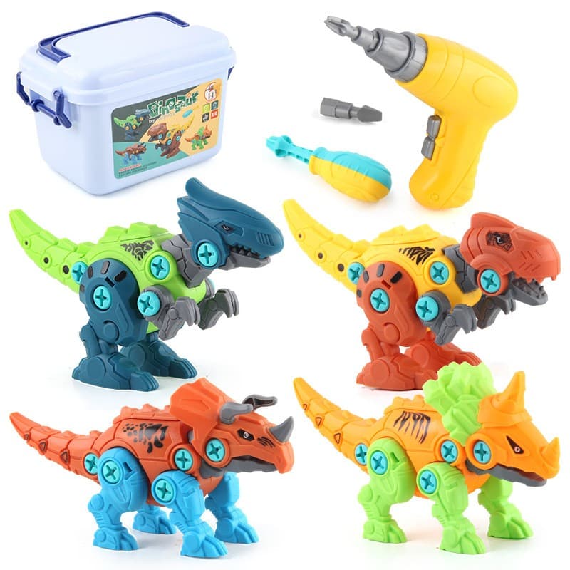 Set de Constructie/Asamblare, Flippy, 4 Dinozauri, cu Bormasina Electrica, Baterii 2 x AA, Surubelnita si Cutie Depozitare