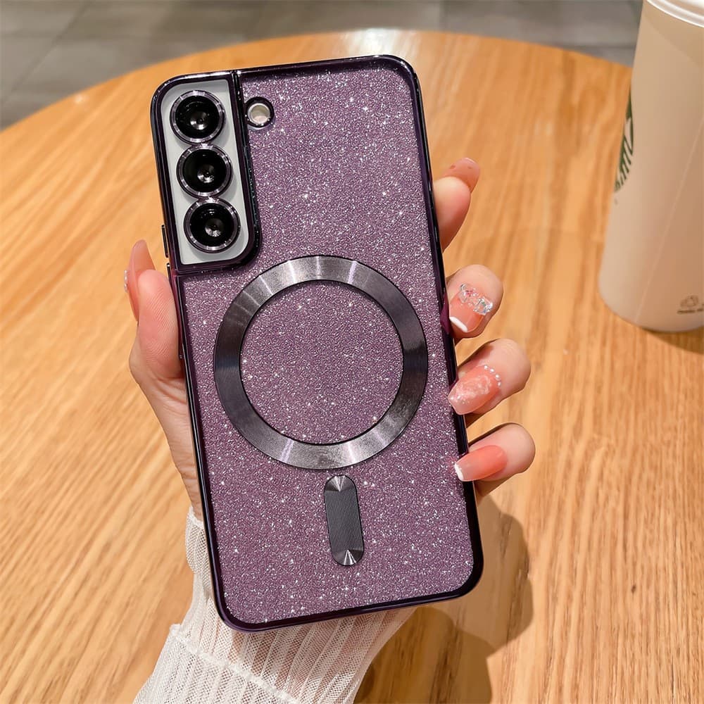 Husa de Protectie 2 in 1, Flippy, pentru Samsung Galaxy S21FE, Glitter Chrome Magsafe, din TPU, Magnetica, cu Protectie Lentila, Mov