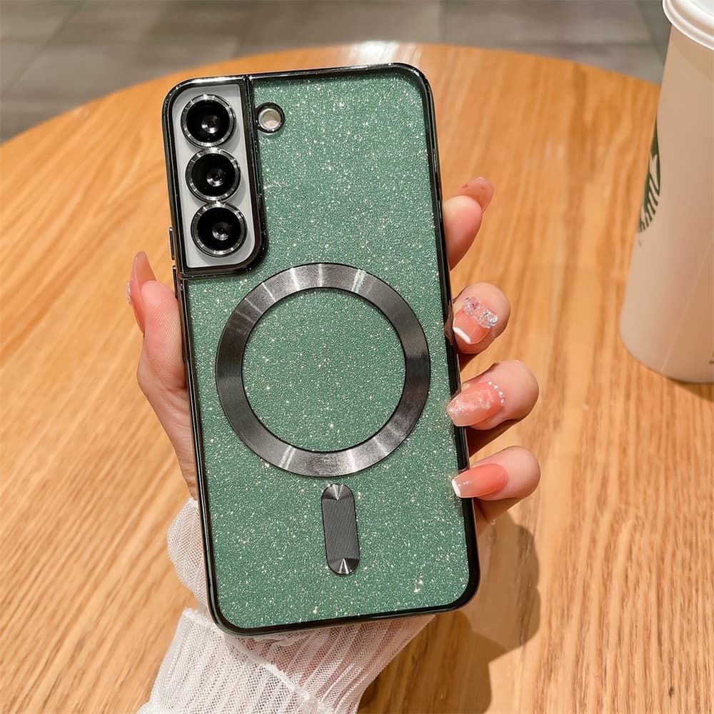 Husa de Protectie 2 in 1, Flippy, pentru Samsung Galaxy S21FE, Glitter Chrome Magsafe, din TPU, Magnetica, cu Protectie Lentila, Verde
