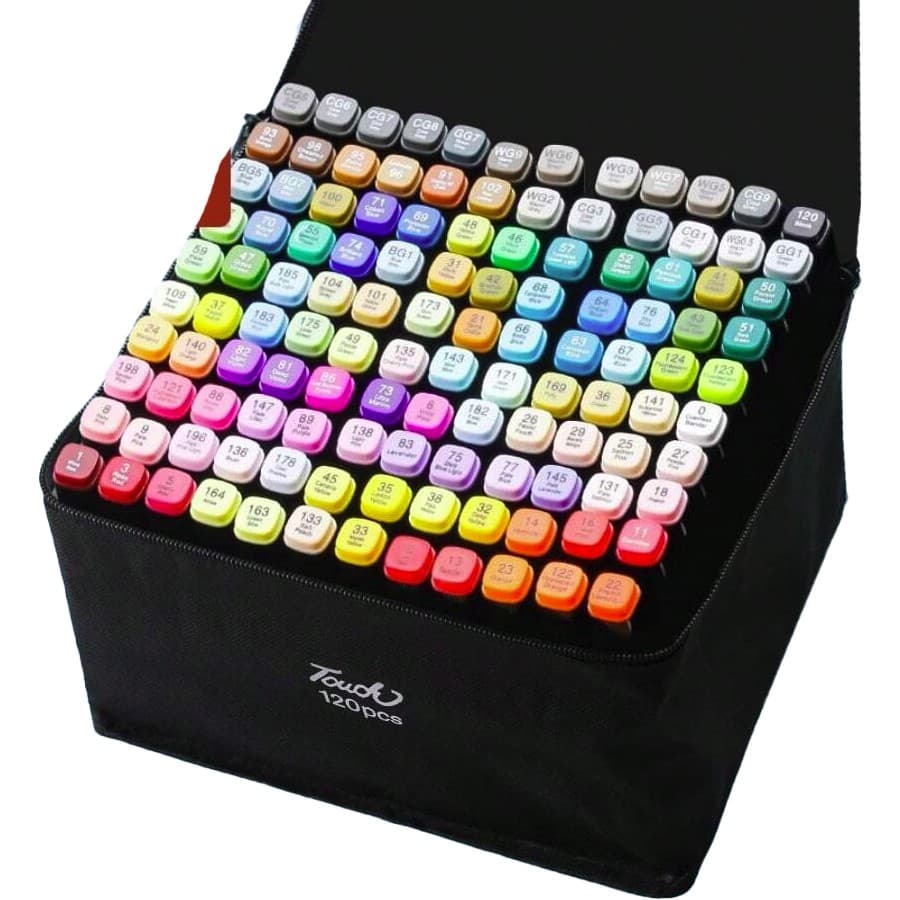 Markere cu Alcool Touch Room, Flippy, Paleta mare Set de 120+ de Culori, Capat Lat si Capat Precis, Geanta Inclusa