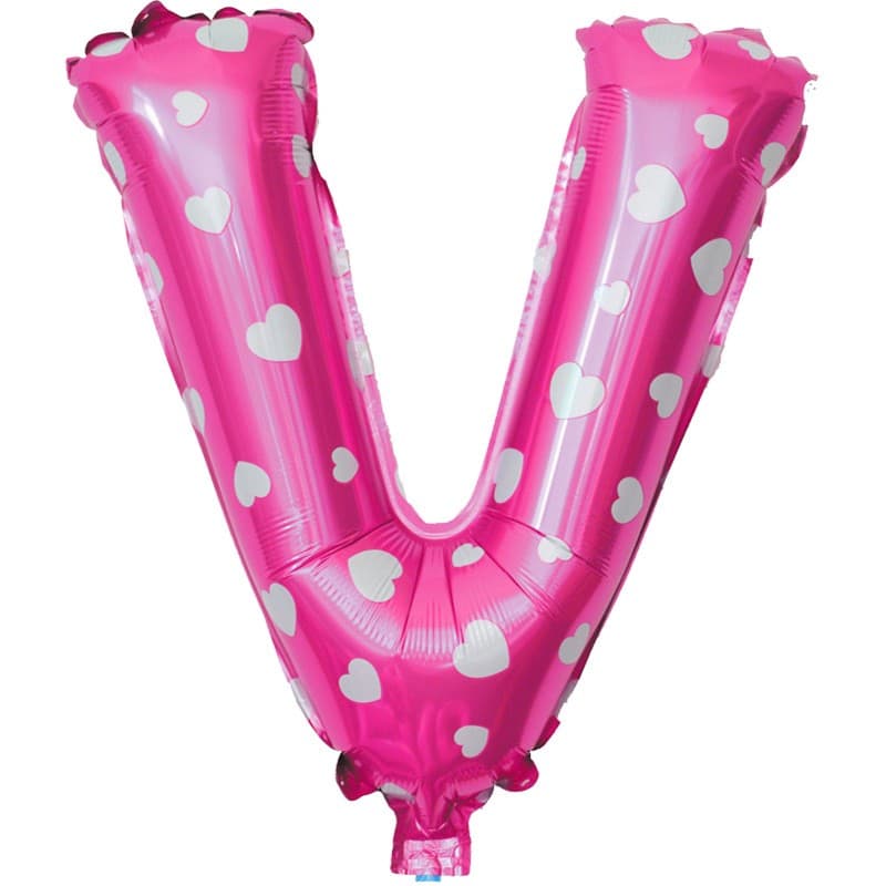 Balon Folie Metalizata Litera V, Flippy, 40 cm, Cu Imprimeu Inimioare, Umflati cu Heliu sau Aer, Ambalaj Individual, Pai