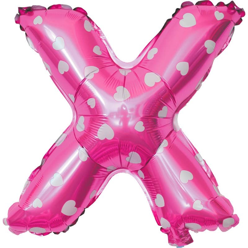 Balon Folie Metalizata Litera X, Flippy, 40 cm, Cu Imprimeu Inimioare, Umflati cu Heliu sau Aer, Ambalaj Individual, Pai