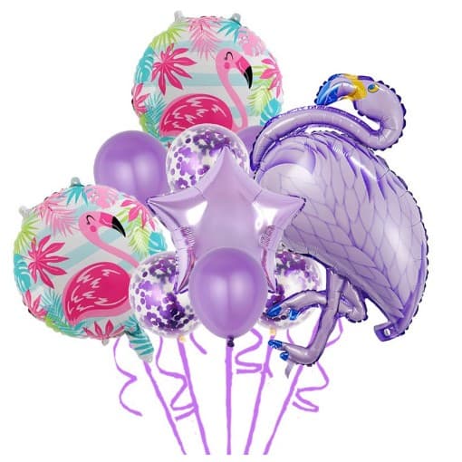 Set Baloane party aniversare, Flippy, din Folie de aluminiu si Latex, set din 10 baloane Flamigo Party, 1 stea, 5 baloane latex, 2 rotunde, 60 -90 cm, Mov
