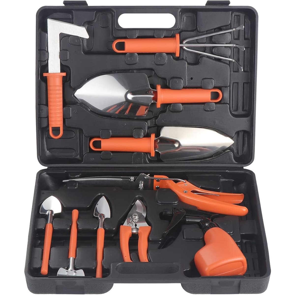Set 10 Unelte de Gradina, Flippy, pentru Plantare Prelucrare Sol si Ingrijire Plante, Manere Portocalii, Material PVC si