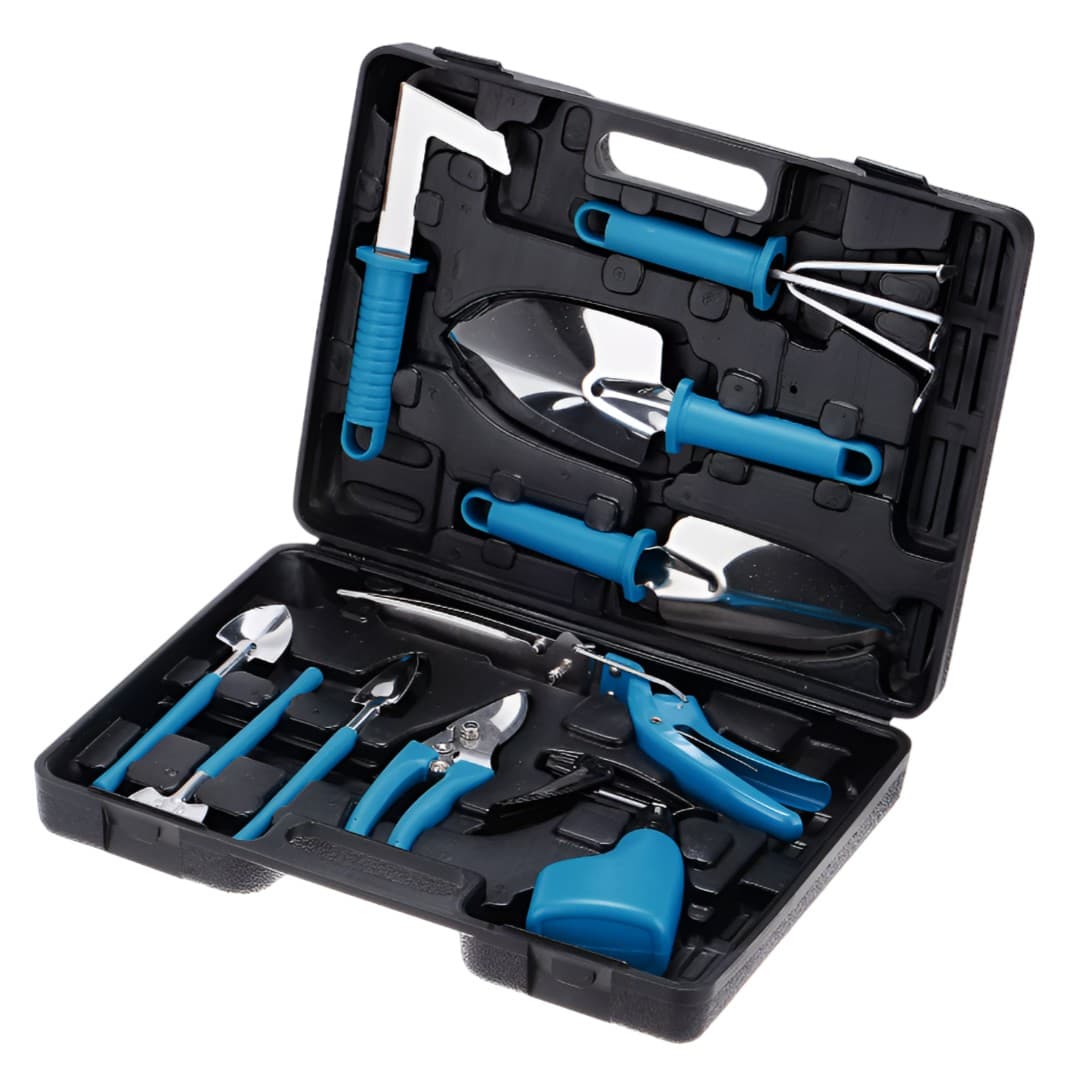 Set 10 Unelte de Gradina, Flippy, pentru Plantare Prelucrare Sol si Ingrijire Plante, Manere Albastre, Material PVC si Otel