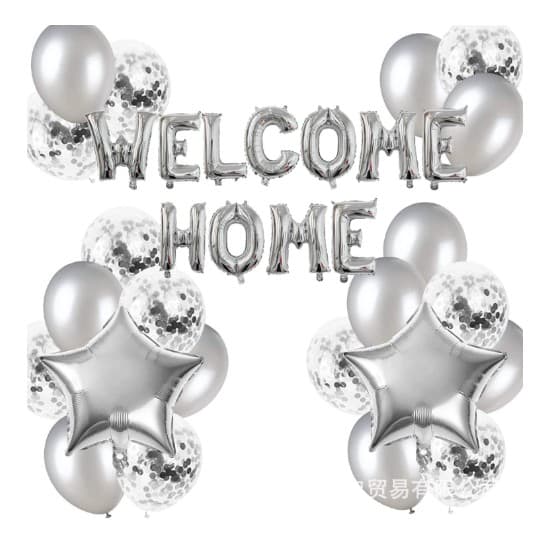 Set baloane folie si latex, Flippy, WELCOME HOME, 22 de piese, 20 baloane latex, 2 baloane stea Folie, 1 set Welcome Home, Argintiu