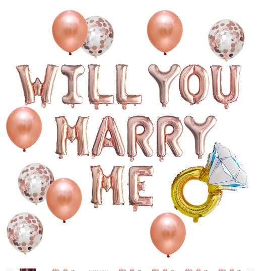 Set baloane decorative WILL YOU MARRY ME, Flippy, set din 12 piese, 10 baloane latex, 1 set Marry me, 1 balon folie inel