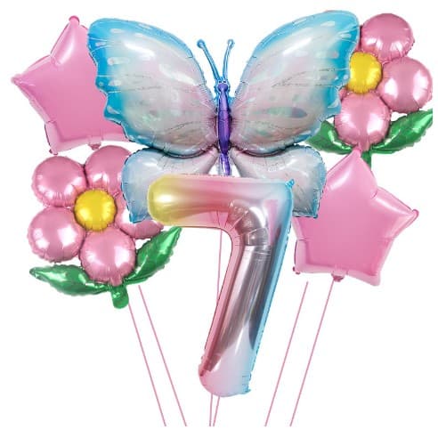 Set baloane aniversare cu numere, din folie de aluminiu, 6 piese, 2 flori, 2 stelute, 1 fluture, 1 cifra, Multicolor, Cifra 7