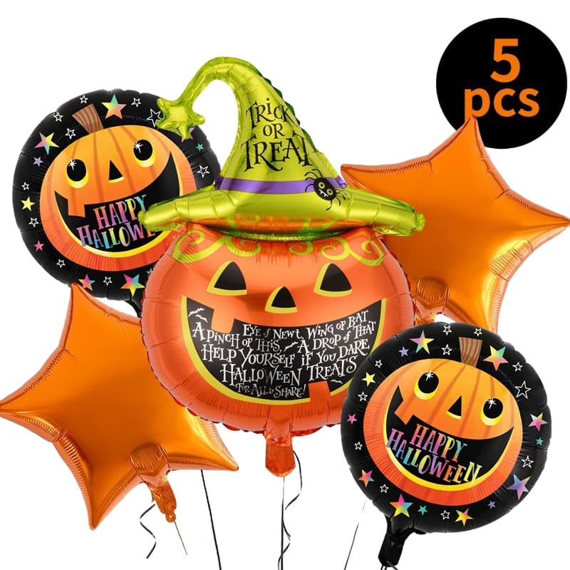 Set 5 Baloane din Folie Metalizata, Flippy, Figurine, Tema Halloween, Pai Inclus, Ambalaj Individual, Umflare cu Aer sau