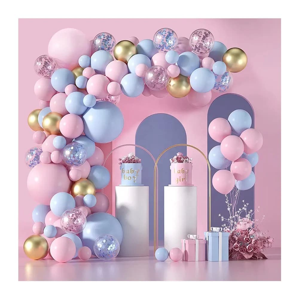 Baloane decorative pentru GENDER PARTY, Flippy, Arcada Set 130 baloane, Arcul de Baloane Roz si Albastru, Baloane Confetti