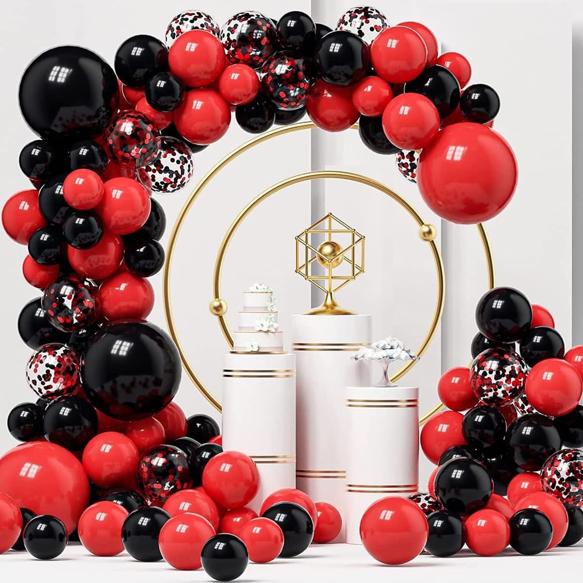 Baloane decorative pentru Nunta, Zi de Nastere, Evenimente, Flippy, Arcada Set din 124 baloane, din latex, baloane cu confetii, Negru Rosu