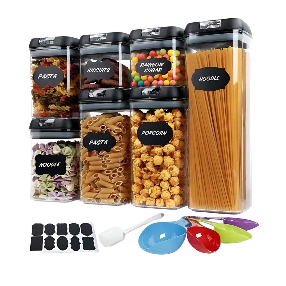 Set Cutii de Depozitare a Alimentelor, Flippy, 7 Recipiente, 10 Etichete Reutilizabile, 4 Linguri, pentru Bucatarie