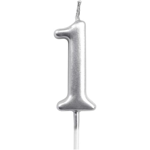 Lumanare de Tort, Flippy, Model Cifra 1, Party, 4.5 x 2.5 cm, din Parafina, Argintiu