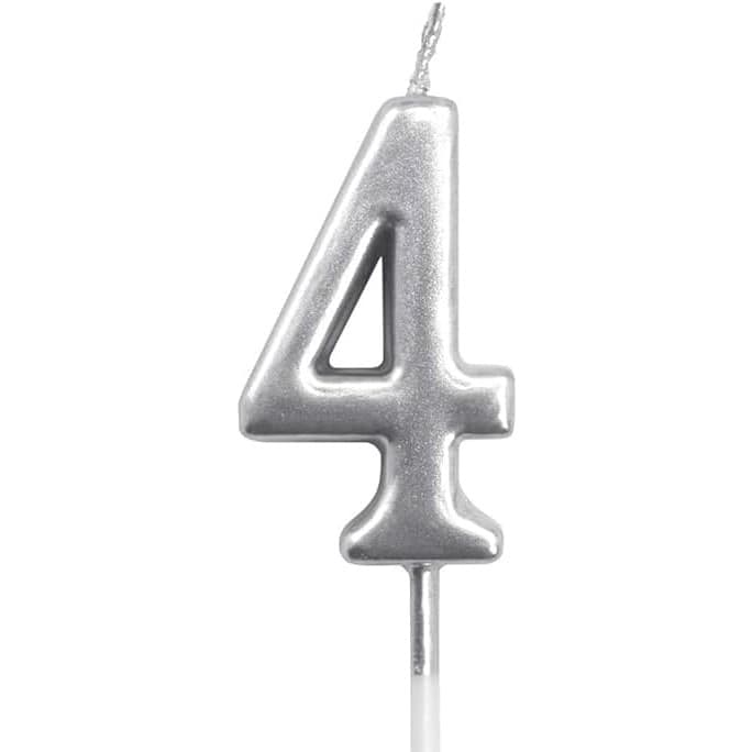 Lumanare de Tort, Flippy, Model Cifra 4, Party, 4.5 x 2.5 cm, din Parafina, Argintiu