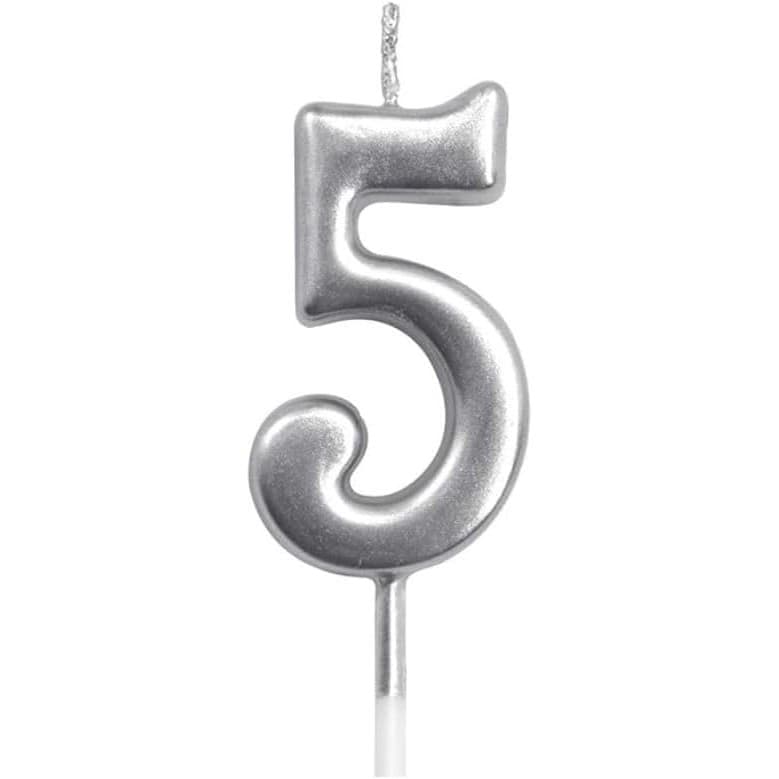 Lumanare de Tort, Flippy, Model Cifra 5, Party, 4.5 x 2.5 cm, din Parafina, Argintiu