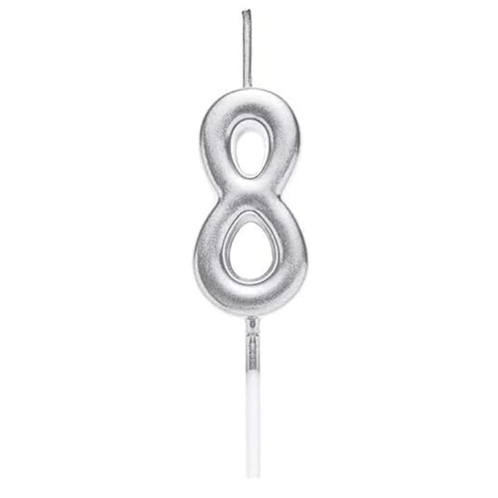 Lumanare de Tort, Flippy, Model Cifra 8, Party, 4.5 x 2.5 cm, din Parafina, Argintiu