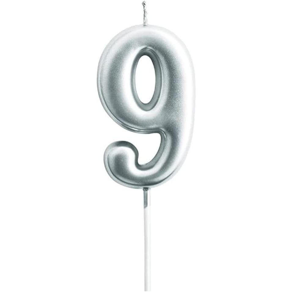 Lumanare de Tort, Flippy, Model Cifra 9, Party, 4.5 x 2.5 cm, din Parafina, Argintiu