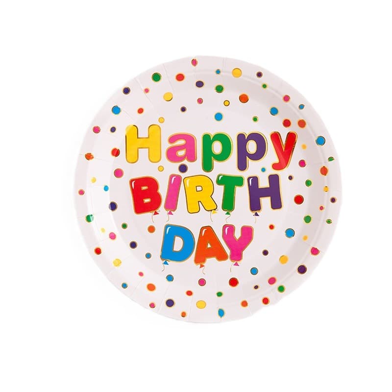 Set 10 Farfurii Unica Folosinta, Flippy, Imprimeu Happy Birthday, din Carton, Diametru 23 cm, Multicolor