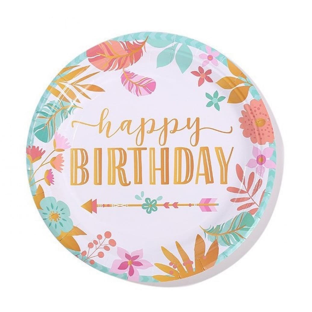 Set 10 Farfurii Unica Folosinta, Flippy, Imprimeu Happy Birthday Frunze, din Carton, Diametru 18 cm, Multicolor