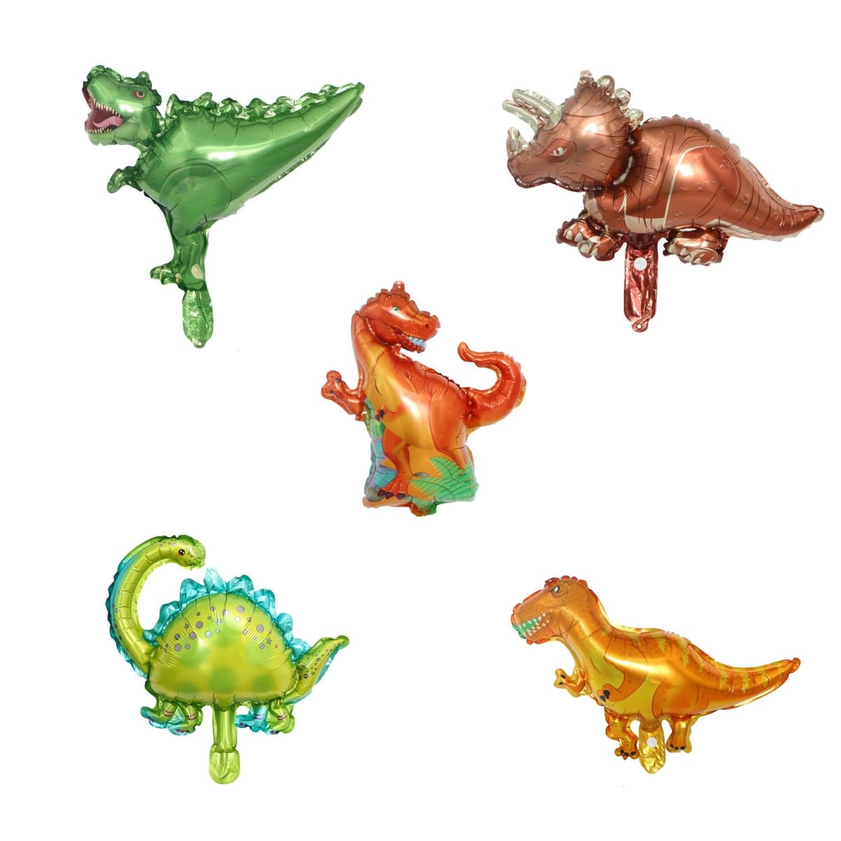 Set 5 Baloane Folie Metalizata, Flippy, Figurine Dinozauri, 30 cm, Ambalaj Individual, Pai inclus, Umflare cu Aer sau Heliu, Multicolor