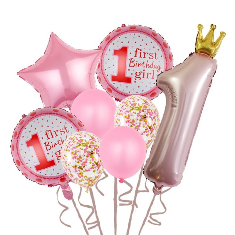 Set 8 Baloane din Folie Metalizată si din Latex, Flippy, Figurine Cifra 1 Printesa 91cm, Stea 45 cm si Cerc 55 cm, Baloane