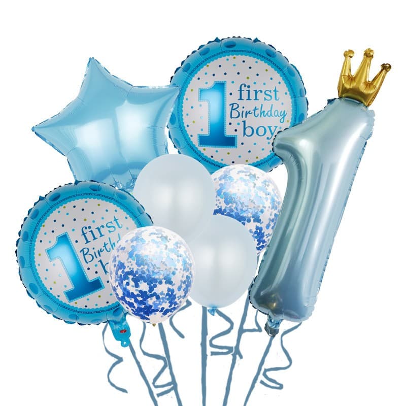 Set 8 Baloane din Folie Metalizată si din Latex, Flippy, Figurine Cifra 1 Printesa 91cm, Stea 45 cm si Cerc 55 cm, Baloane