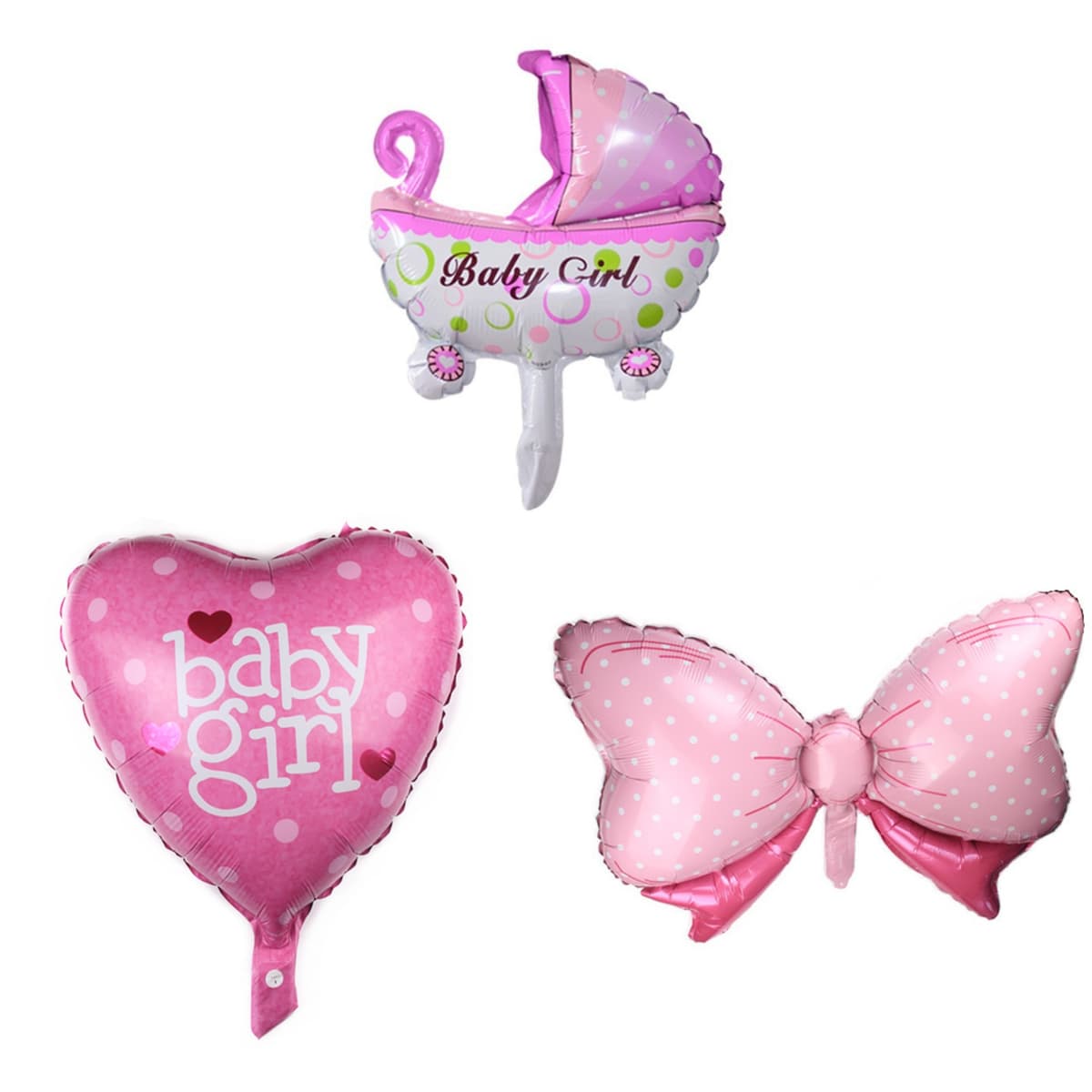 Set 3 Baloane din Folie Metalizata, Flippy, Figurine Carucior, Inima, Fundita, Tema Botez, 45 cm, Ambalaj Individual, Pai