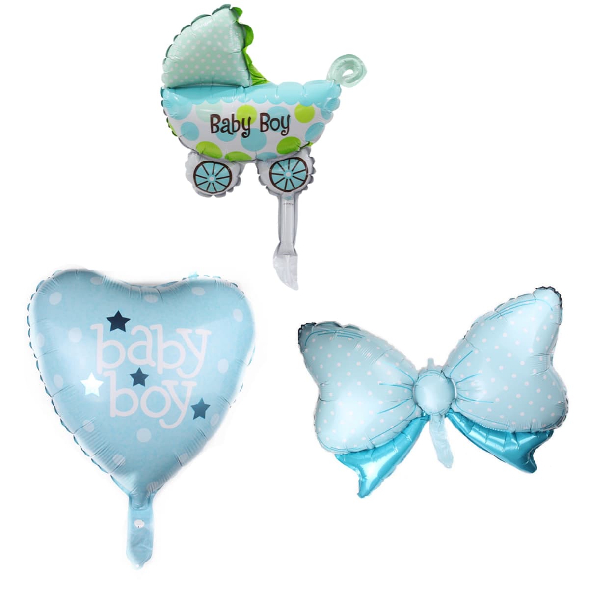 Set 3 Baloane din Folie Metalizata, Flippy, Figurine Carucior, Inima, Fundita, Tema Botez, 45 cm, Ambalaj Individual, Pai