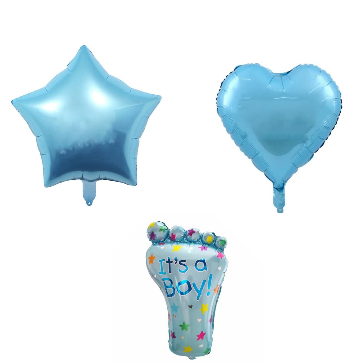 Set 3 Baloane din Folie Metalizata, Flippy, Figurine Picior 46x79 cm, Inima 45cm, Stea 45cm, Model It's a Boy, Tema Gender