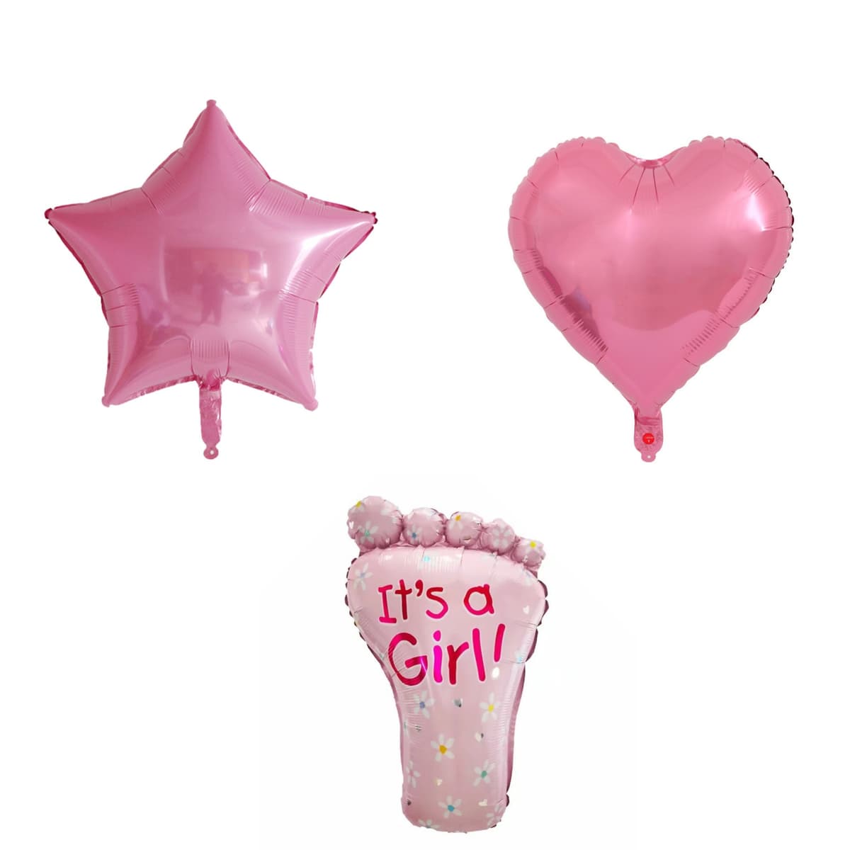 Set 3 Baloane din Folie Metalizata, Flippy, Figurine Picior 46x79 cm, Inima 45 cm, Stea 45cm, Model It's a Girl, Tema Gender