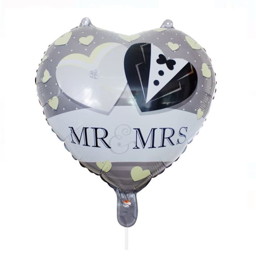Balon din Folie Metalizata, Flippy, Figurina Inima, Model Mr&Mrs, Tema Nunta, 45 cm, Ambalaj Individual, Pai Inclus, Umflare