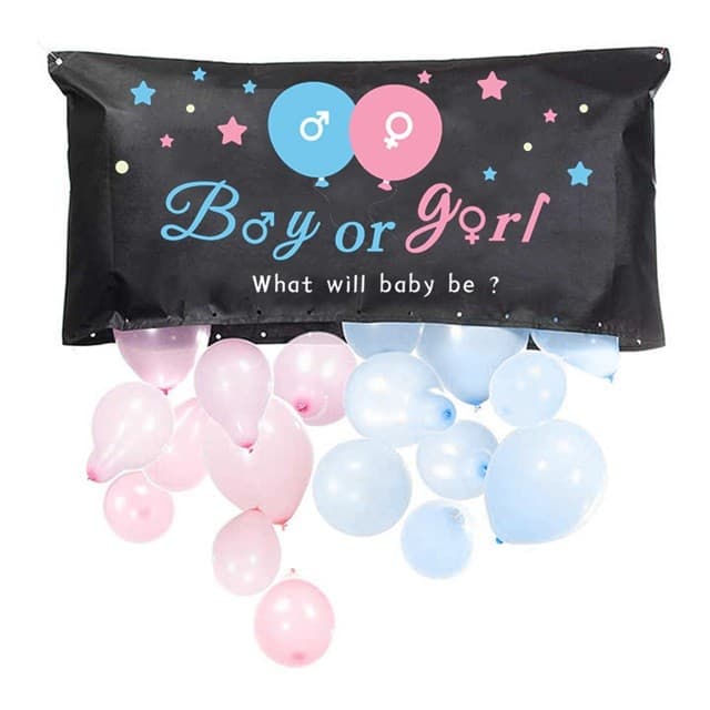 Set Gender Reveal, Flippy, Balloon Drop Bag, din Plastic si Latex, 24 Baloane Roz si Albastru 13 cm, Sac pentru Baloane 60 x