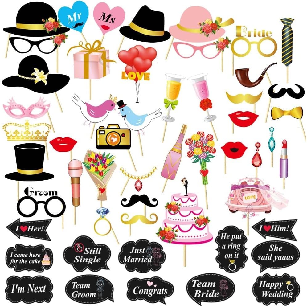 Set 60 de Accesorii pentru Petrecere, Flippy, Tematica Nunta, Props pentru Coltul de Poze, Ochelari, Palarii, Mustata