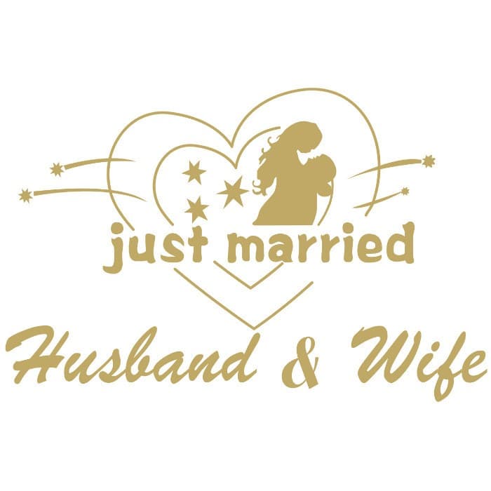 Sticker Autocolant, Flippy, Tematica Nunta, Model Indragostiti, cu Scris Just Married Husband&Wife, 21x29 cm, Auriu