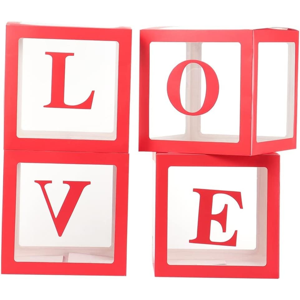 Set 4 Cutii pentru Baloane, Flippy, Model Scris Love, Tematica Iubire, Cuburi Decorative din Plastic, Accesorii pentru