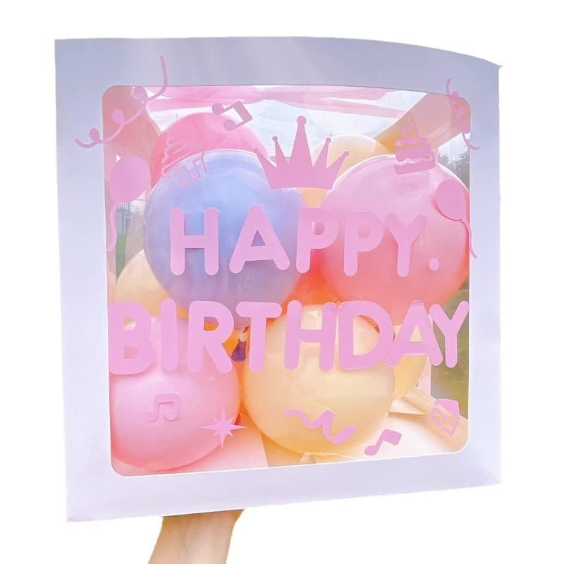 Cutie pentru Baloane, Flippy, Tematica Aniversare, Model Scris Happy Birthday, Baloane Albastre, Roz, Galbene si Panglica