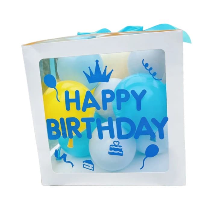 Cutie pentru Baloane, Flippy, Tematica Aniversare, Model Scris Happy Birthday, Baloane Albastre, Albe, Galbene si Panglica