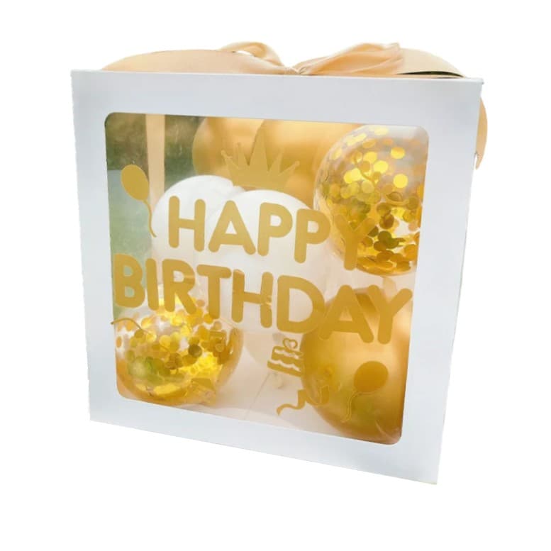 Cutie pentru Baloane, Flippy, Tematica Aniversare, Model Scris Happy Birthday, Baloane Aurii, Albe si Panglica Incluse