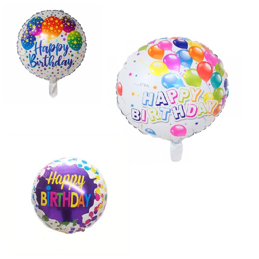 Set 3 Baloane din Folie Metalizata, Flippy, Mini Figurina Rotunda, Model Happy Birthday, 45 cm, Ambalaj Individual, Pai