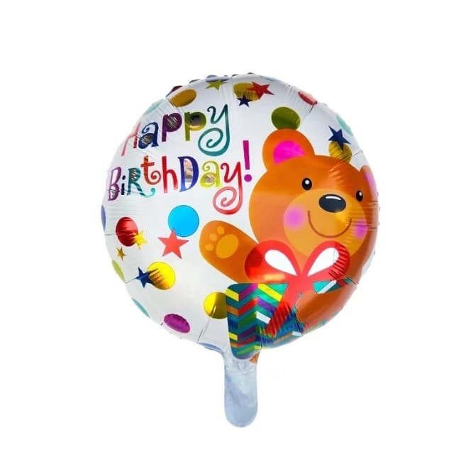 Balon din Folie Metalizata, Flippy, Mini Figurina Rotunda, Model Happy Birthday Ursulet, Tema Aniversare, 45 cm, Ambalaj