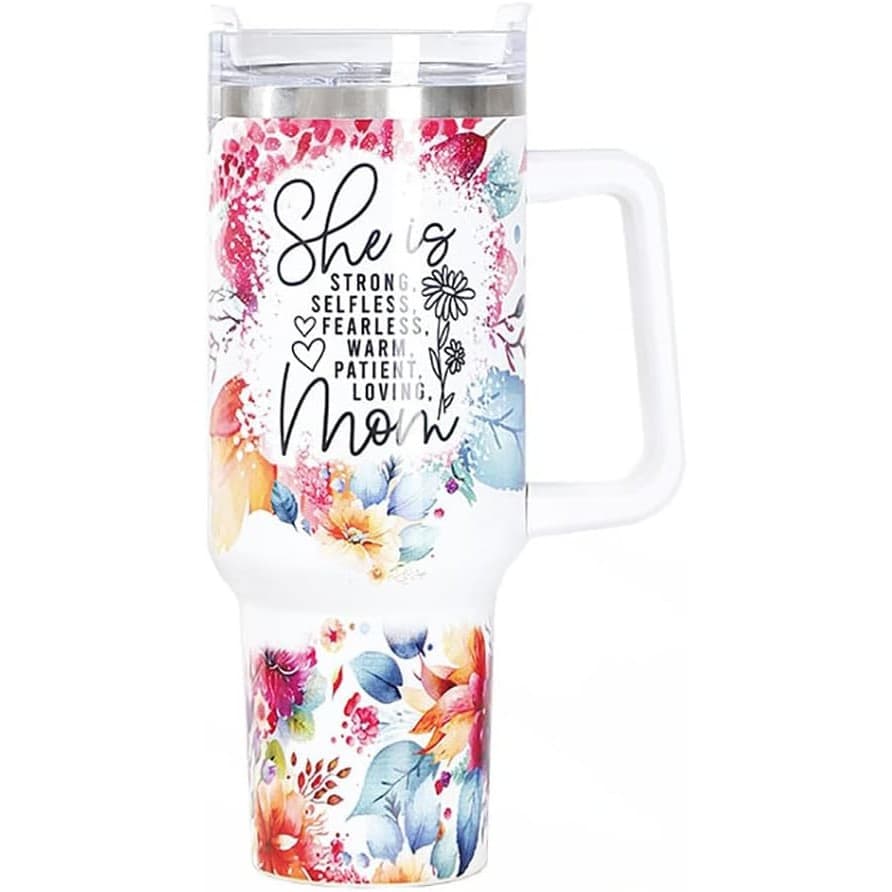 Cana Termos din Plastic, Flippy, pentru Bauturi Calde si Reci, cu Maner, Imprimeu Floral, cu Mesaj pentru Mama, Alb