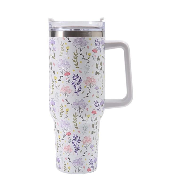 Cana Termos din Plastic, Flippy, pentru Bauturi Calde si Reci, cu Maner, Imprimeu Floral, Alb, 10x7.6x27.5 cm