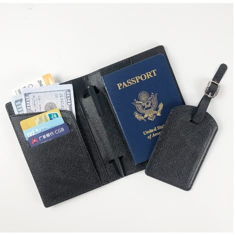 Portofel pentru Pasaport si Carduri, Flippy, 23x16 cm, 70g, din Piele PU, Suport Pix, Accesoriu Suport Eticheta, Unisex, Multifunctional, Negru