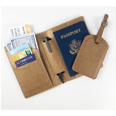 Portofel pentru Pasaport si Carduri, Flippy, 23x16 cm, 70g, din Piele PU, Suport Pix, Accesoriu Suport Eticheta, Unisex, Multifunctional, Maro