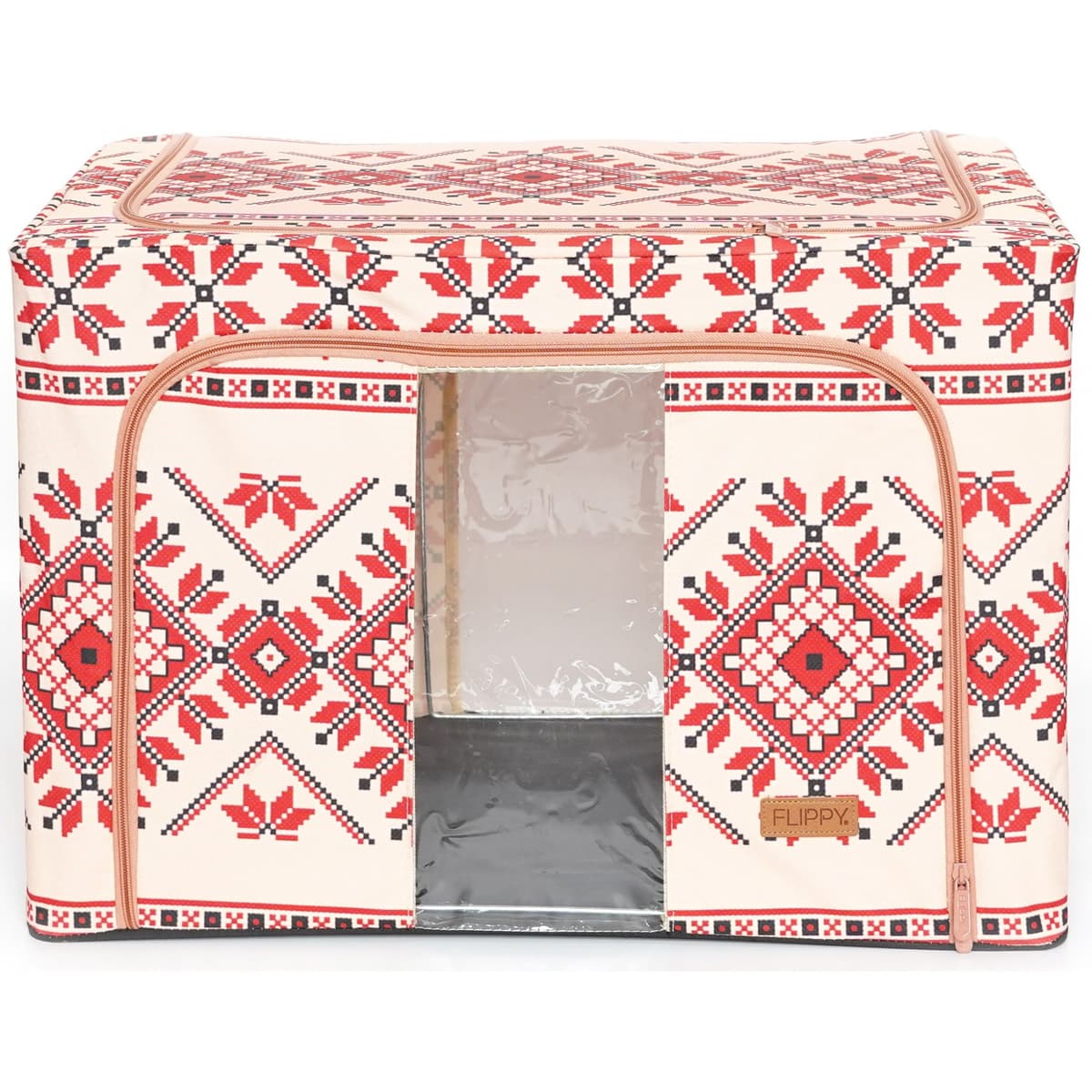Cutie de Depozitare Pliabila, Flippy,100 L din Bumbac si In, 60X42X40 cm, Fereastra Frontala, 2 Usi de Acces cu Fermoar