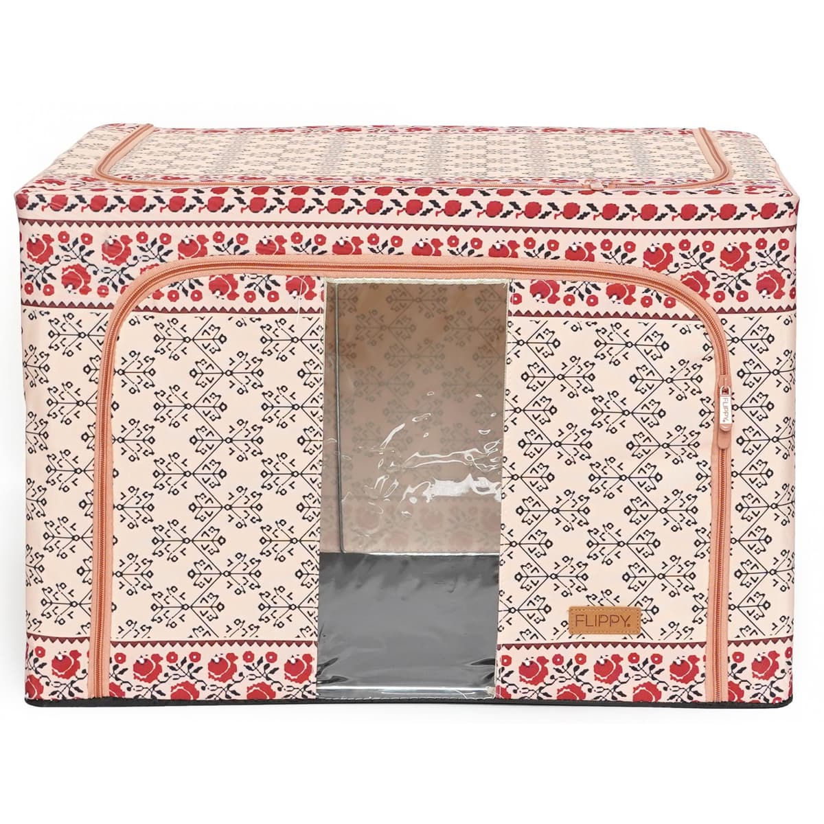 Cutie de Depozitare Pliabila, Flippy,100 L din Bumbac si In, 60X42X40 cm, Fereastra Frontala, 2 Usi de Acces cu Fermoar