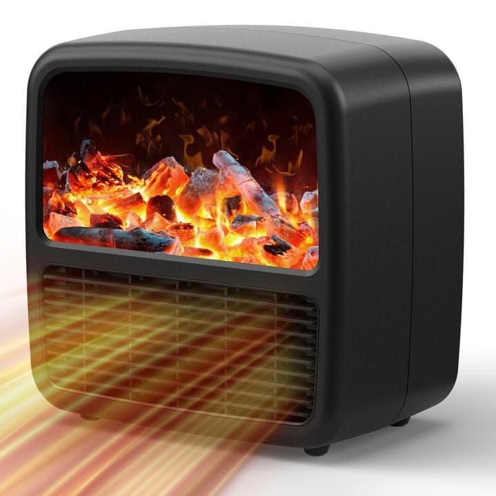 Mini Aeroterma Portabila, Flippy, Display LCD, Flacara Tip Semineu, 1500W, 2 Trepte, Oprire Automata, 22 x 22 x 15 cm, Negru