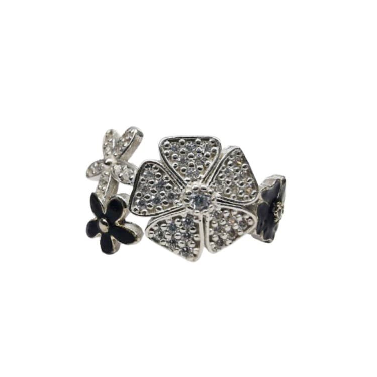 Inel pentru Dama Argint 925, Jolie, Model Trifoi cu Email Negru, 4.9 g, Marimea 60, Argintiu/Negru