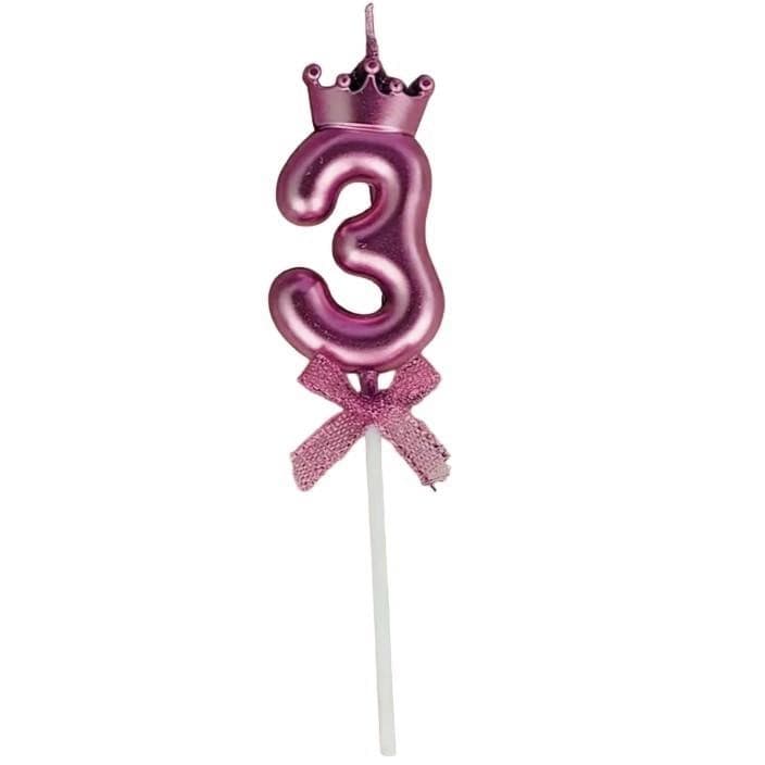 Lumanare Cifra 3, Flippy, Model Coroana cu Fundita, Pentru Tort, 6 x 2.5 cm Mov